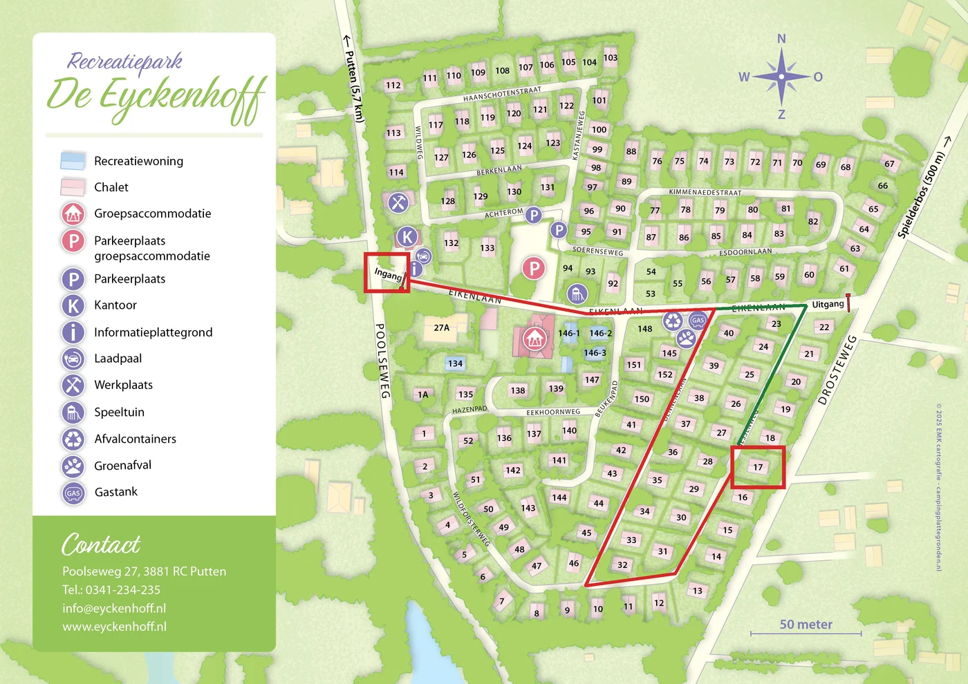Plattegrond van Recreatiepark De Eyckenhoff met de route van de ingang naar huisje 17